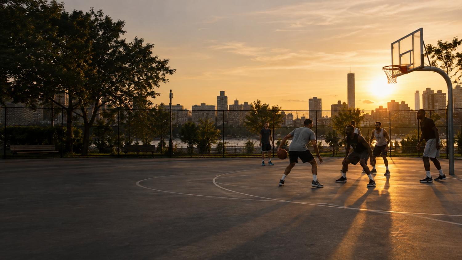 Des joueurs sur un terrain extérieur au coucher du soleil