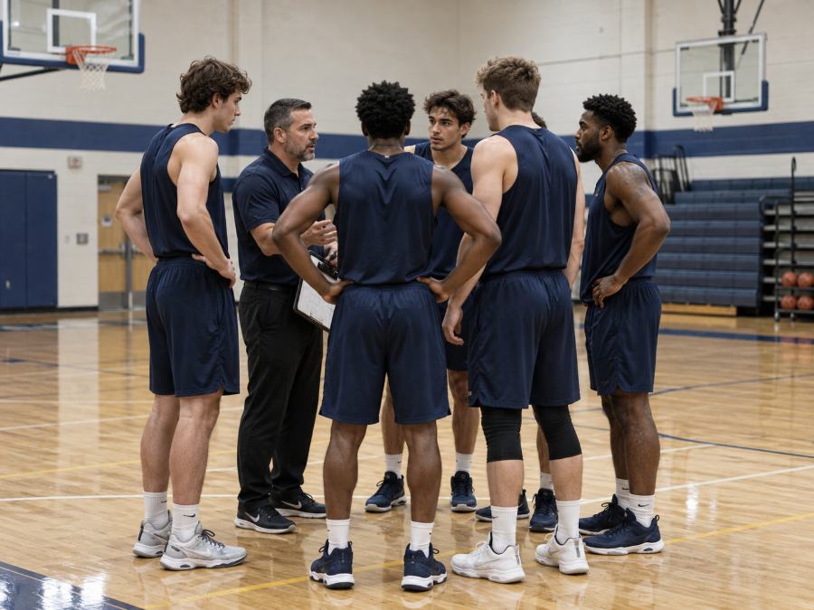 Un coach qui parle à une équipe dans un gymnase