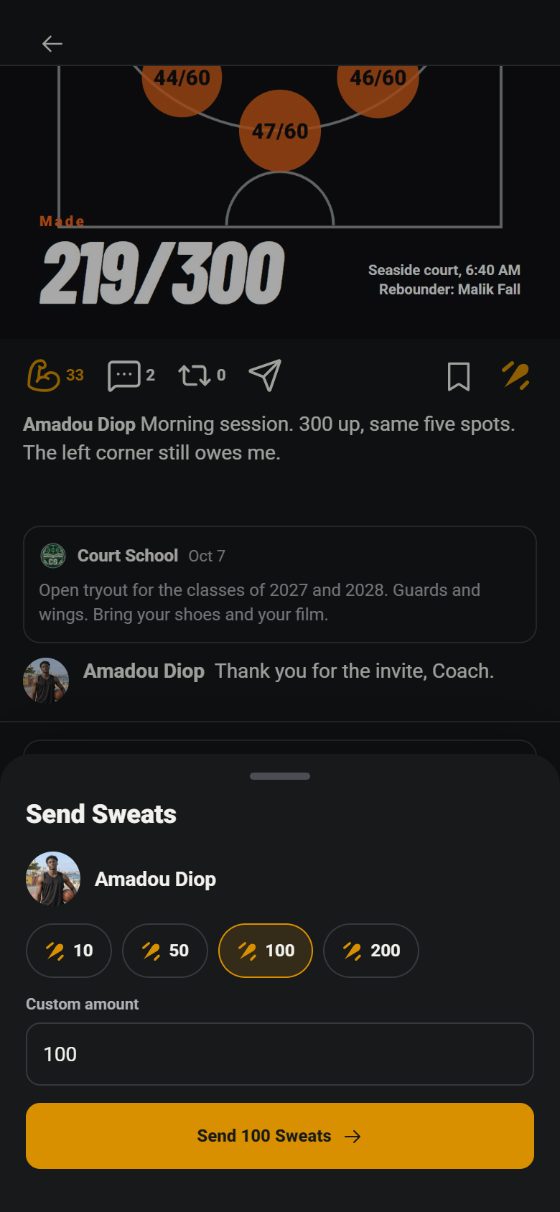 Un fan qui envoie des Sweats sur le post d’un joueur dans l’app